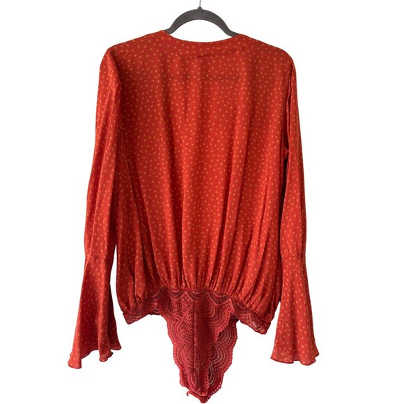 Free People Orange Red Polka Dot Wrap Bodysuit Bell Sleeve Chic Statement Piece - Picture 5 of 9